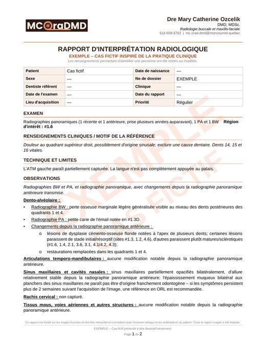 Aperçu de la première page d'un exemple de rapport d'interprétation radiologique (cas fictif)