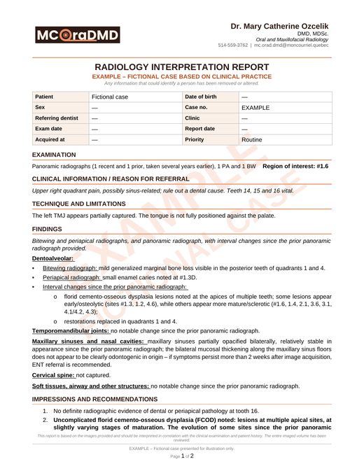 Preview of the first page of an example radiology interpretation report (fictional case)